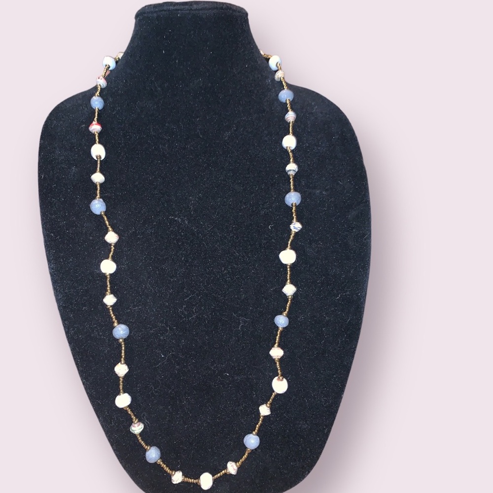 Long paper and ceramic beaded necklace